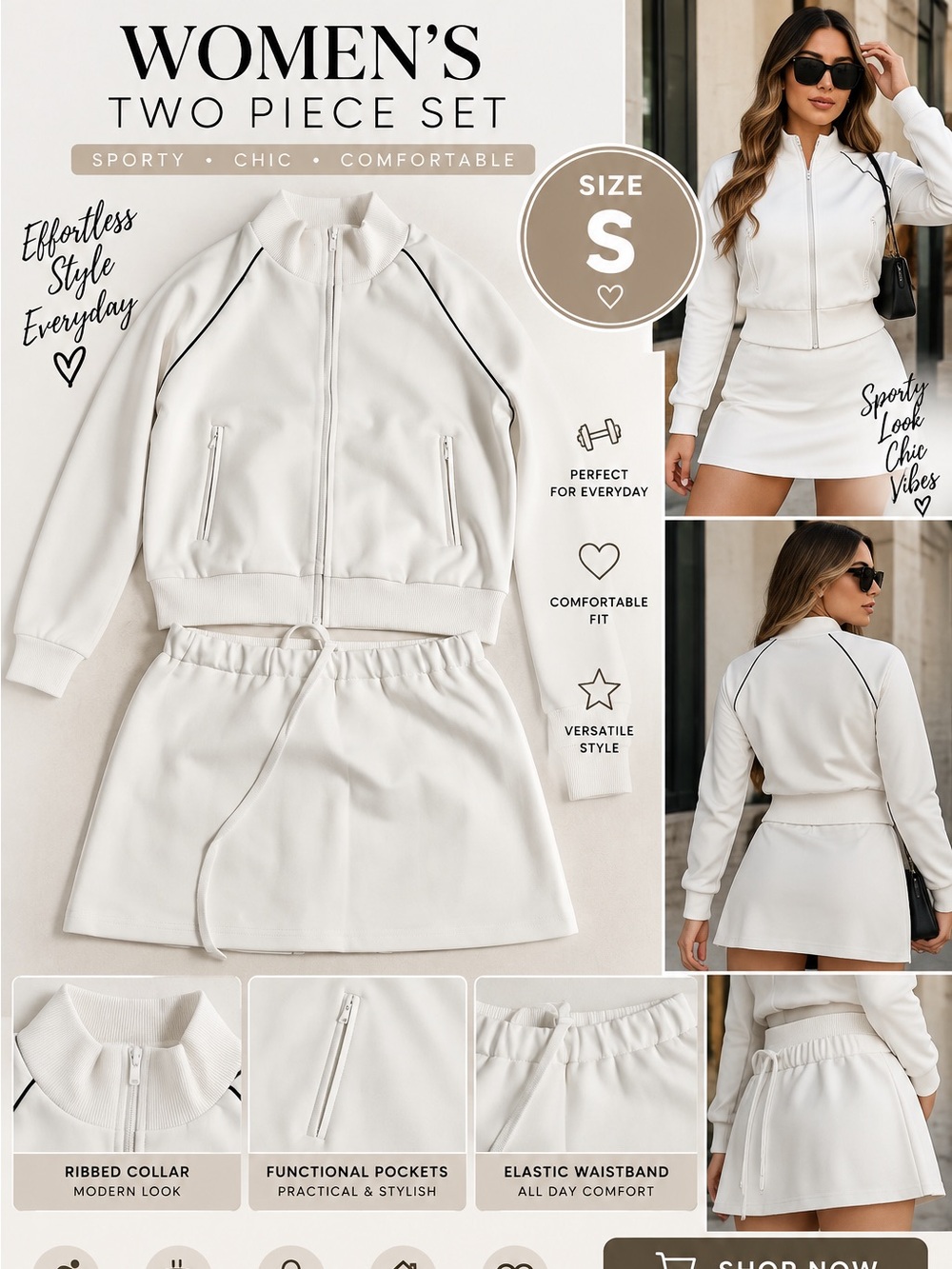 White Two-Piece Skirt Set — Sporty Zip Jacket & Elastic Waist Skirt